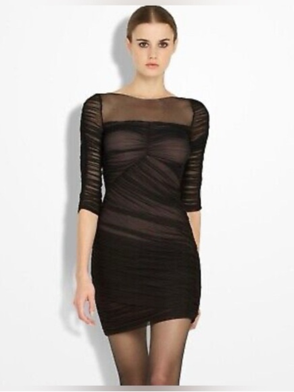 BCBGMaxAzria Danika illusion mesh bodice ruched dress in black XS NWT